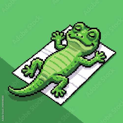A pixel art green lizard relaxing and sunbathing on a white towel on a green background.