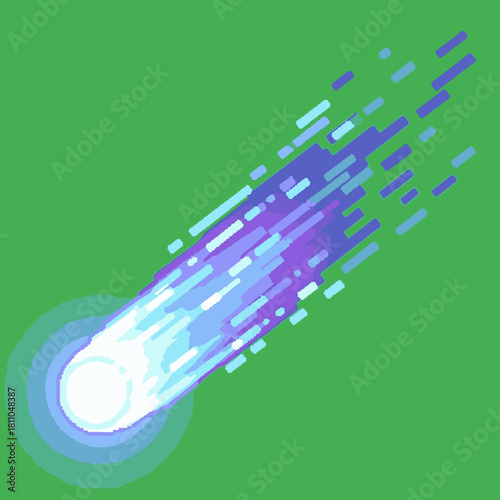 Dynamic graphic illustration of a bright, streaking comet or meteoroid with a vibrant blue and purple tail against a solid green background.