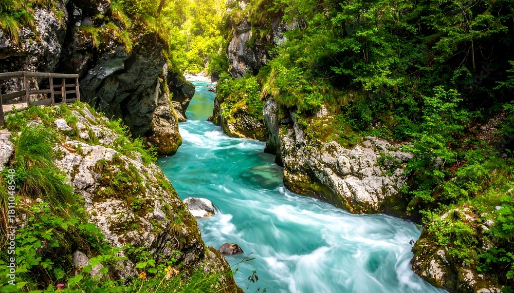 Naklejka premium Stunning river cuts through canyon, verdant trees, and natural pathways