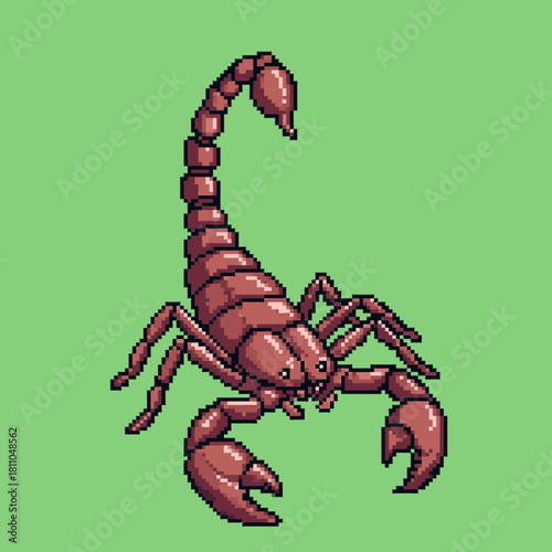 Detailed pixel art illustration of a reddish-brown scorpion with prominent pincers and a raised stinger on a solid green background.