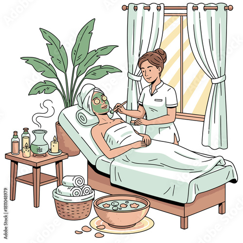 Spa Day Illustration, Woman Receiving Herbal Facial Mask and Foot Bath, Natural Wellness and Relaxation Vector Scene