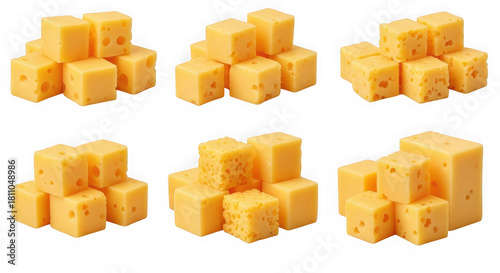 Various cheese cubes and blocks, isolated on transparent background