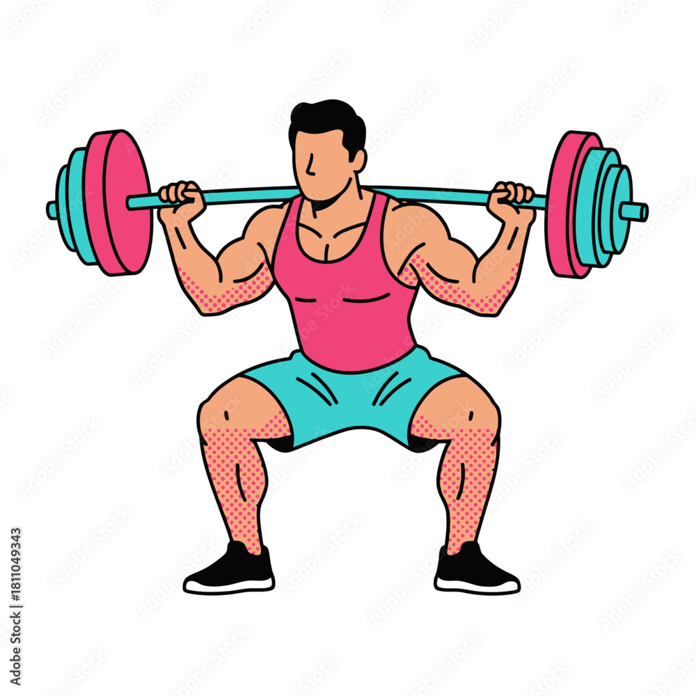 Obraz premium Gym Workout Icon, Man Performing Barbell Squat Exercise, Weightlifting, Fitness and Strength Training Vector Illustration
