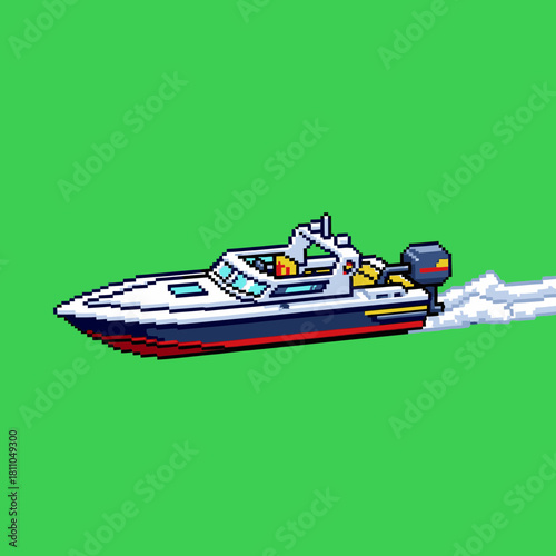 A pixel art speed boat with an outboard motor creating a wake on a green background, in a retro game style.
