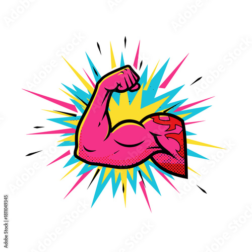 Fitness Motivation Icon, Flexed Biceps Muscle in Pop Art Explosion, Strength, Power, and Workout Vector Illustration