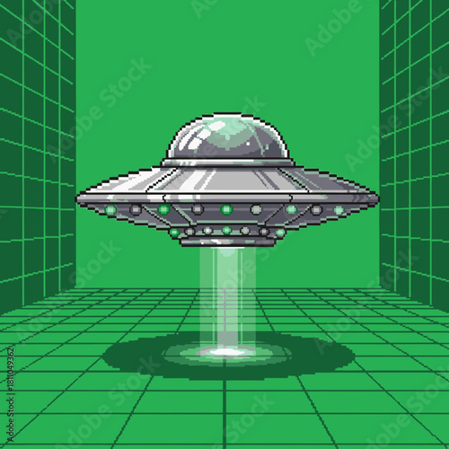 Pixel art flying saucer UFO hovering with a green light beam in a retro grid room.