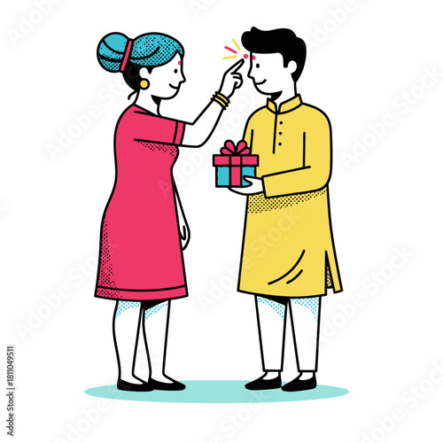 Bhai Dooj Festival Icon, Sister Applying Tilak to Brother's Forehead, Sibling Love and Indian Tradition Vector Illustration