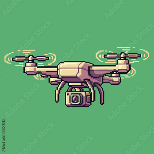 A pixel art illustration of a modern drone with a camera, hovering against a solid green background.