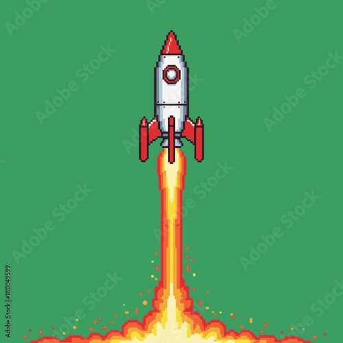Pixel art rocket launching with fiery exhaust against a solid green background, symbolizing progress and innovation.