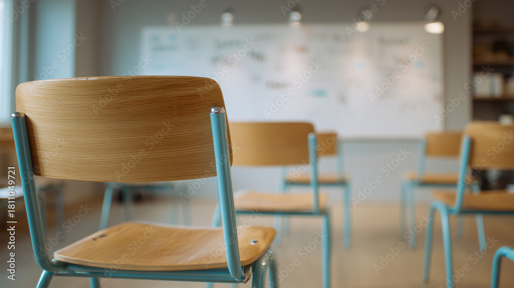 Fototapeta premium Empty Classroom With Light Wooden Chairs And Blue Metal Frames In Modern School