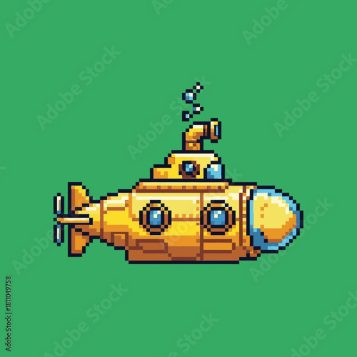 A vibrant yellow pixel art submarine with a periscope and bubbles, depicted against a solid green background.