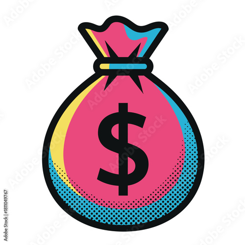 Untitled-1Bright pink and blue money bag or sack with a black dollar sign ($), symbolizing wealth, business, finance, and profit, pop art vector illustration