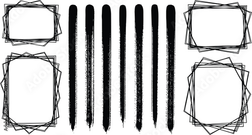 Mega bundle of different ink brush strokes:rectangle,square and round freehand drawings.Ink splatters,grungy painted lines,artistic design elements