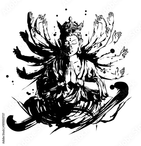 Sumi-e Thousand-Armed Kannon – Japanese Avalokiteshvara Ink Painting
