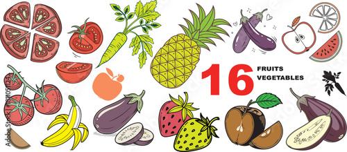 Collection of colorful cartoon fruits and vegetables illustration with the number sixteen written on it