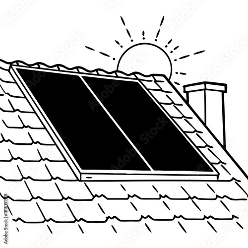 Solar panel on roof with sun shining in hand-drawn style  