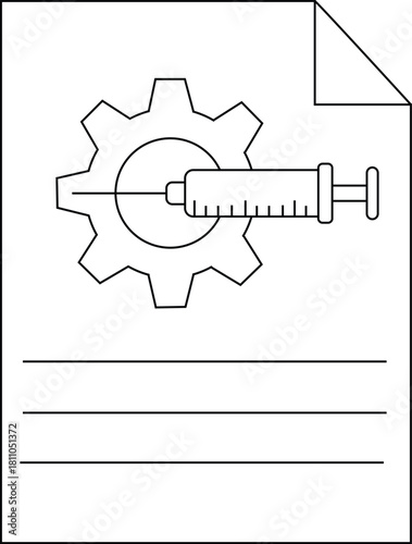 Black outline image of a gear with a syringe piercing its center placed on a document with lines for writing