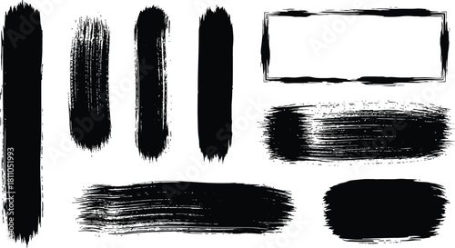 Vector brush streaks pack marker ink strokes grunge. Collection of vector paint bold brush strokes, hand drawn thick grunge lines and rectangle shapes modern grunge.