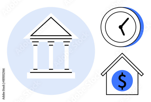 Traditional bank building with pillars, clock symbolizing time, house icon with dollar sign, highlighting financial themes. Ideal for banking, savings, investments, time value, homeownership