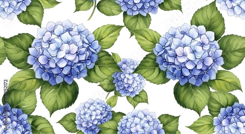 Seamless pattern of delicate blue hydrangeas and lush green leaves, perfect for floral wallpaper or fabric design