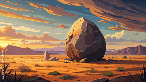 Lone massive boulder standing in open dry field under soft sunset light, realistic natural textures
