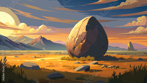 Lone massive boulder standing in open dry field under soft sunset light, realistic natural textures