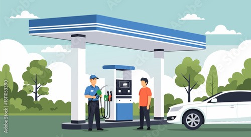Gas station scene depicting a customer interacting with an attendant while refueling a vehicle with fuel and petrol