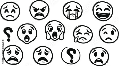 Emoticons set. Emoji faces collection. Emojis flat style. Happy and sad emoji. Line smiley face - stock vector.