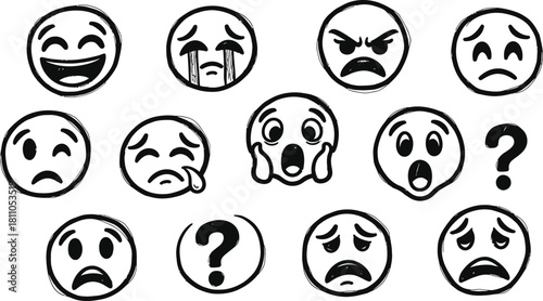Emoticons set. Emoji faces collection. Emojis flat style. Happy and sad emoji. Line smiley face - stock vector.