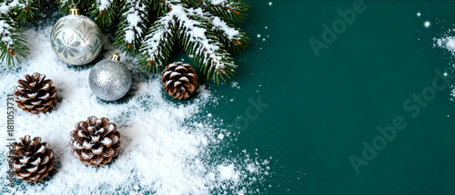 magic wallpaper deep dark green composition of pine cones and Christmas ornaments and fresh spruce branches