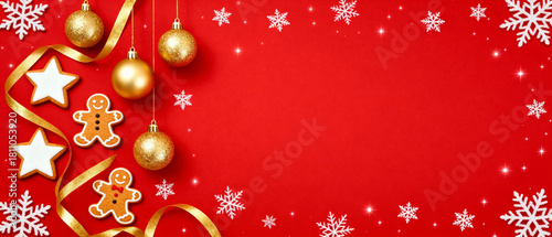 Christmas decorations and cookies on red background