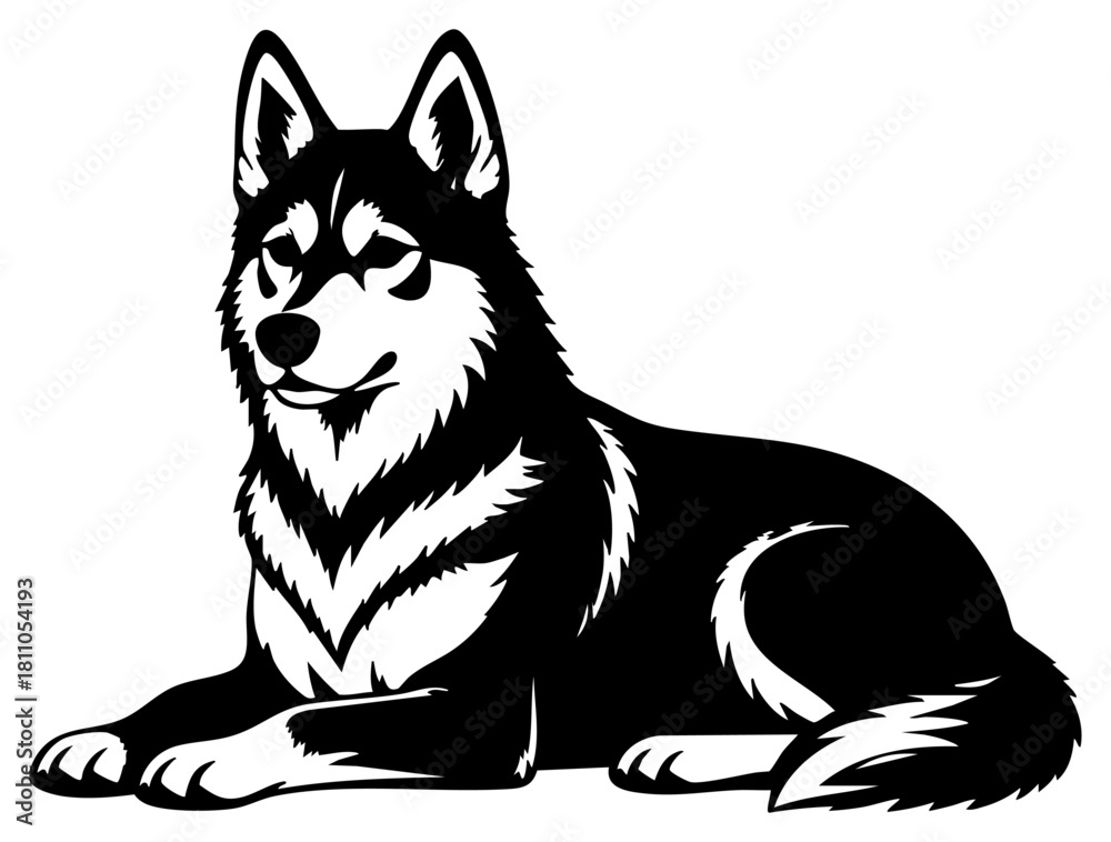 Naklejka premium Lying Down Husky Dog Silhouette Clean Vector Design, Transparent Background