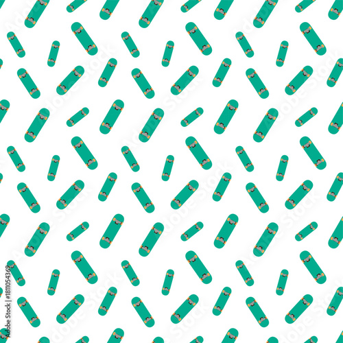 flat deign pattern of This image shows a teal skateboard with dark brown outlines, grey trucks, and small orange wheels visible at the ends.