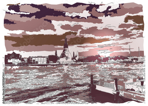  Sketch-style impressionnist painting,THE SUNSET AT WAT ARUN, TEMPLE OF DAWN,Digital illustration vector image 