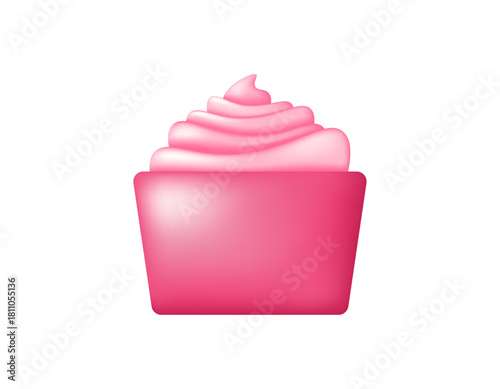 Illustration of a bowl of strawberry ice cream, red ice cream. Sweet frozen dessert. 3D style design. Icon, symbol, element, white background.