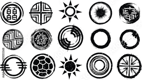 Black grunge-style sun icon with expressive brush stroke rays radiating outward, suggesting a sunrise or sunset.