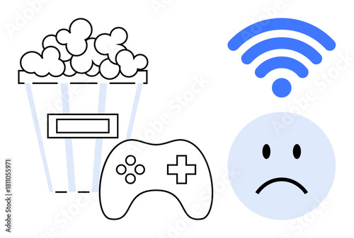 Internet issues. Weak internet connection with a sad face, wireless icon, popcorn, and gaming controller. Internet issues impacting streaming, online gaming, and entertainment. For telecom