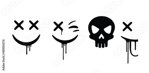 Black and white graffiti style icons of smiley faces and a skull