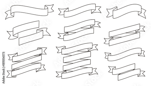 Collection of decorative ribbon banners in various styles and shapes, featuring blank spaces for customization, ideal for coloring pages and creative projects