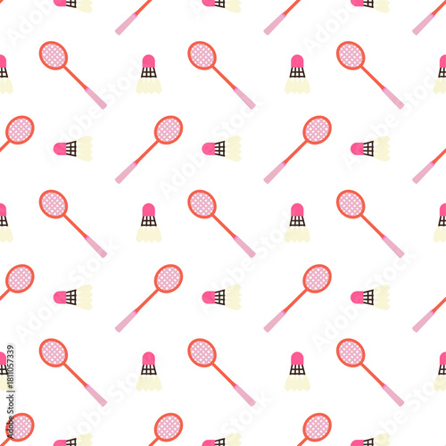 flat design of two badminton rackets with a shuttlecock.The rackets have pink faces with a grid pattern, dark frames, and pink handles. The shuttlecock has a pink base and white or light feathers