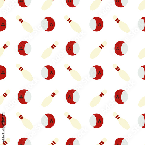 flat design of two bowling pins and a bowling ball on a white background. The two bowling pins are cream-colored with red bands near their necks. Below them is a red bowling ball with a white stripe