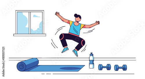 Man performing a dynamic jump exercise indoors as part of a high-intensity interval training (HIIT) workout.