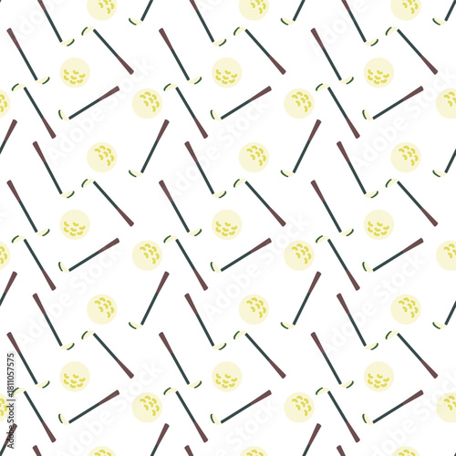 flat design of two golf clubs crossed in an 'X' shape, with a golf ball positioned above their intersection, all on a white background. The golf clubs are brown with lighter, cream colored heads