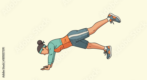 Woman performing a plank with one leg raised, targeting core stability and glute strength.