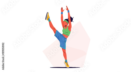 Energetic woman executing a standing high leg kick emphasizing extreme flexibility and balance.