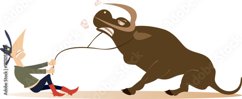 Farmer or cowboy pulling angry bull with rope