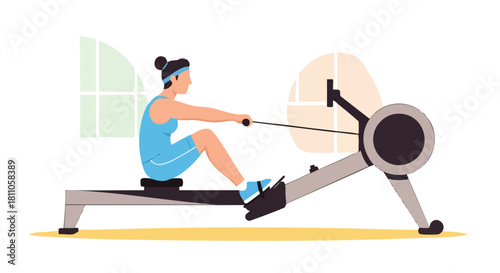 Woman performing a full-body workout on a rowing machine for cardiovascular and strength training.