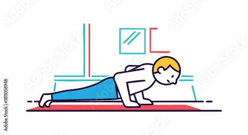 Man executing a standard push-up on a mat for chest, shoulder, and core strength.