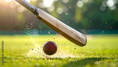 Dynamic cricket game action a wooden bat powerfully strikes a red leather ball on a sunlit green field, capturing the explosive moment of impact with dust flying