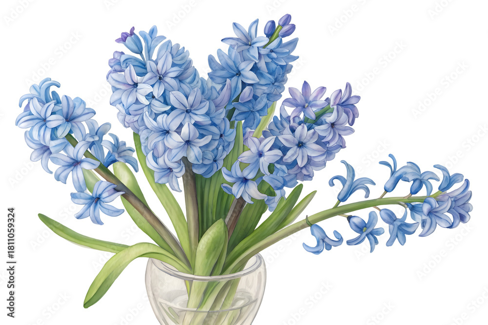 Obraz premium Hyacinth blue flowers in glass vase isolated on transparent background. Flower illustration PNG.